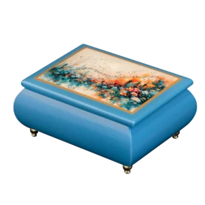 Close-up of a vibrant night cityscape on the Urban Symphony Sorrento music box lid