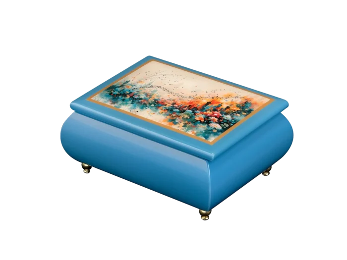 Close-up of a vibrant night cityscape on the Urban Symphony Sorrento music box lid