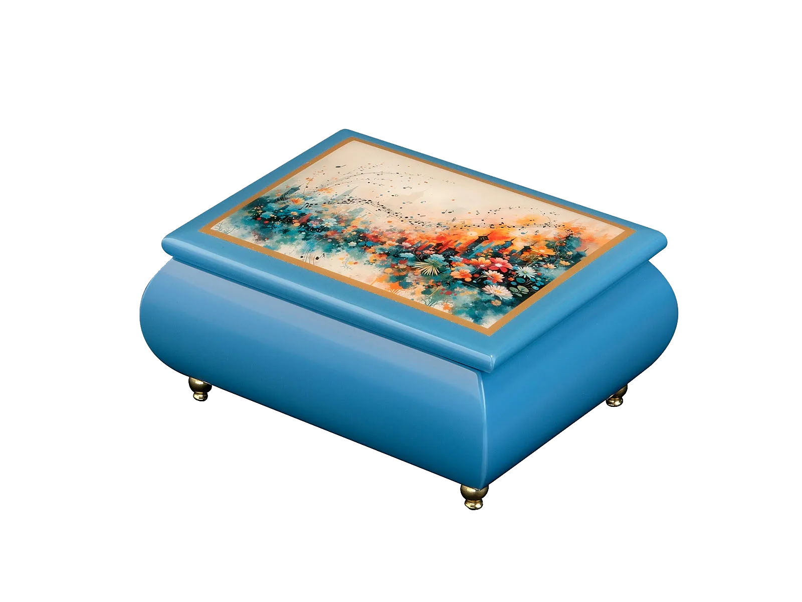 Close-up of a vibrant night cityscape on the Urban Symphony Sorrento music box lid