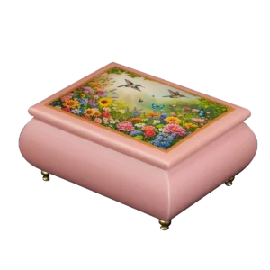 Floral Fantasy floral music box — close-up of the pink lacquered lid with a hummingbird over a wildflower garden, handcrafted in Sorrento