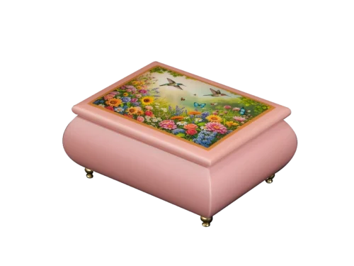 Floral Fantasy floral music box — close-up of the pink lacquered lid with a hummingbird over a wildflower garden, handcrafted in Sorrento
