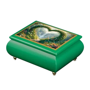 Heart of the Forest forest music box — close-up of the emerald-green lacquered lid with a cascading floral waterfall, handcrafted in Sorrento