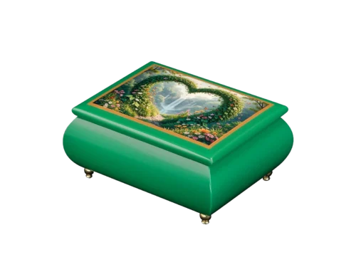 Heart of the Forest forest music box — close-up of the emerald-green lacquered lid with a cascading floral waterfall, handcrafted in Sorrento