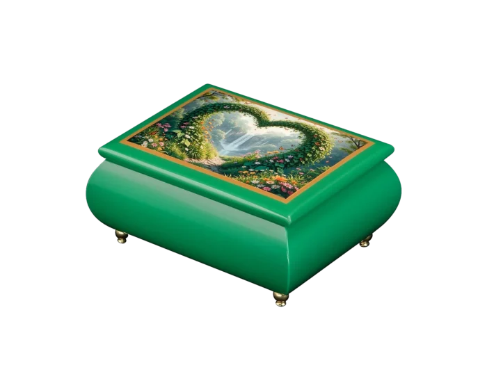 Heart of the Forest forest music box — close-up of the emerald-green lacquered lid with a cascading floral waterfall, handcrafted in Sorrento