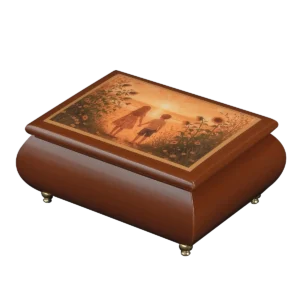 Golden Sunset Dreams landscape music box — close-up of the walnut lacquered lid with two children hand in hand at golden sunset, handcrafted in Sorrento
