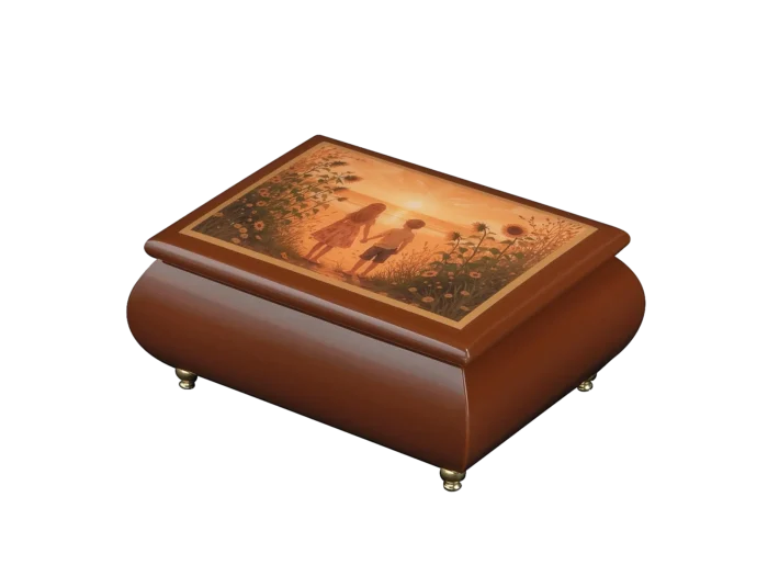 Golden Sunset Dreams landscape music box — close-up of the walnut lacquered lid with two children hand in hand at golden sunset, handcrafted in Sorrento