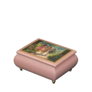 Garden Joy Italian music box — pink lacquered box with Victorian children playing among roses on the lid, handmade in Sorrento