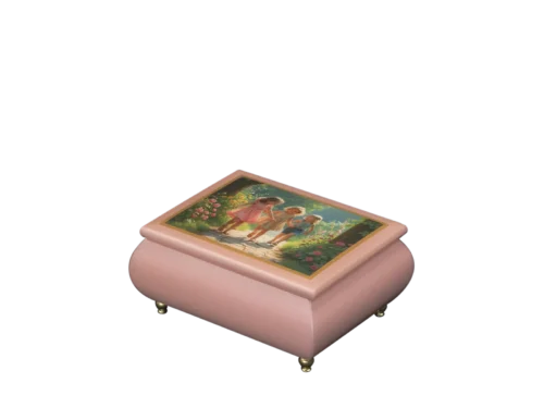 Garden Joy Italian music box — pink lacquered box with Victorian children playing among roses on the lid, handmade in Sorrento