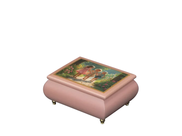 Garden Joy Italian music box — pink lacquered box with Victorian children playing among roses on the lid, handmade in Sorrento