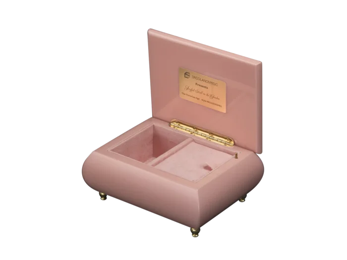 Garden Joy music box shown open, with pink velvet interior and gold wind-up movement, made in Sorrento