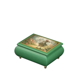 A Serenade in Bloom Italian music box — emerald green lacquered box with a Victorian violin garden scene on the lid, handmade in Sorrento