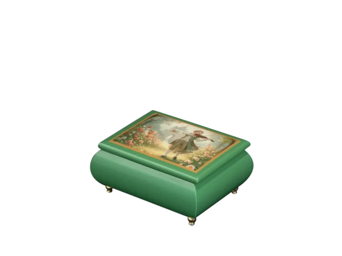 A Serenade in Bloom Italian music box — emerald green lacquered box with a Victorian violin garden scene on the lid, handmade in Sorrento