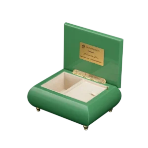 A Serenade in Bloom music box shown open, with velvet interior and gold wind-up movement, made in Sorrento