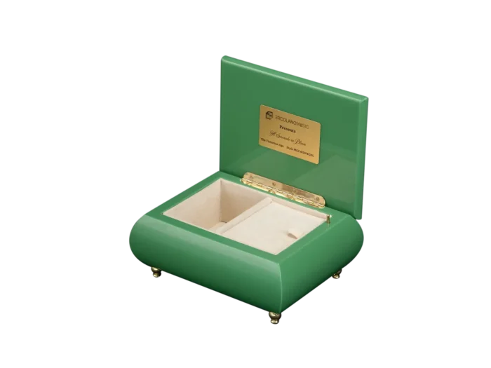 A Serenade in Bloom music box shown open, with velvet interior and gold wind-up movement, made in Sorrento