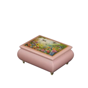 Floral Fantasy Italian music box — pink lacquered box with a hummingbird and wildflower garden on the lid, handmade in Sorrento