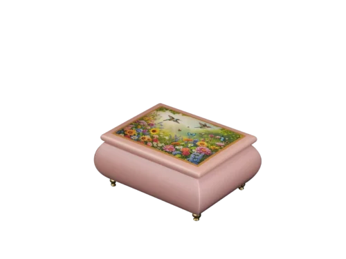 Floral Fantasy Italian music box — pink lacquered box with a hummingbird and wildflower garden on the lid, handmade in Sorrento