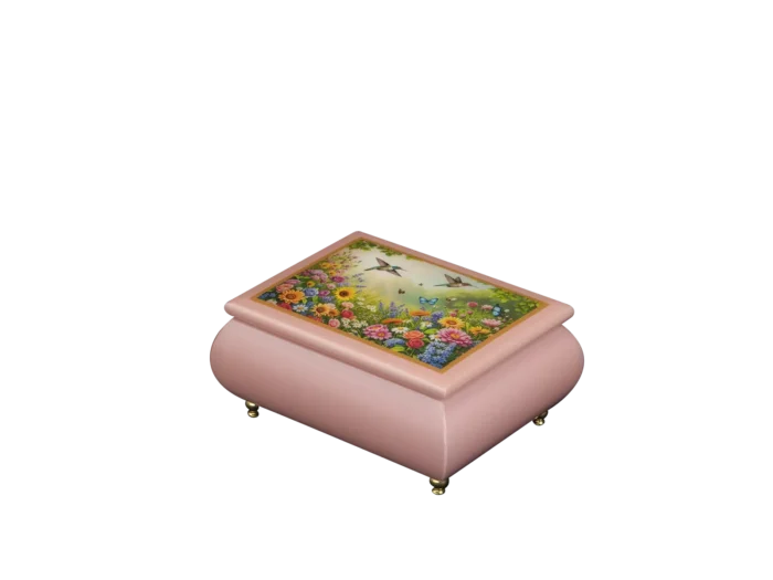 Floral Fantasy Italian music box — pink lacquered box with a hummingbird and wildflower garden on the lid, handmade in Sorrento