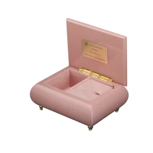 Floral Fantasy music box shown open, with pink velvet interior and gold wind-up movement, made in Sorrento