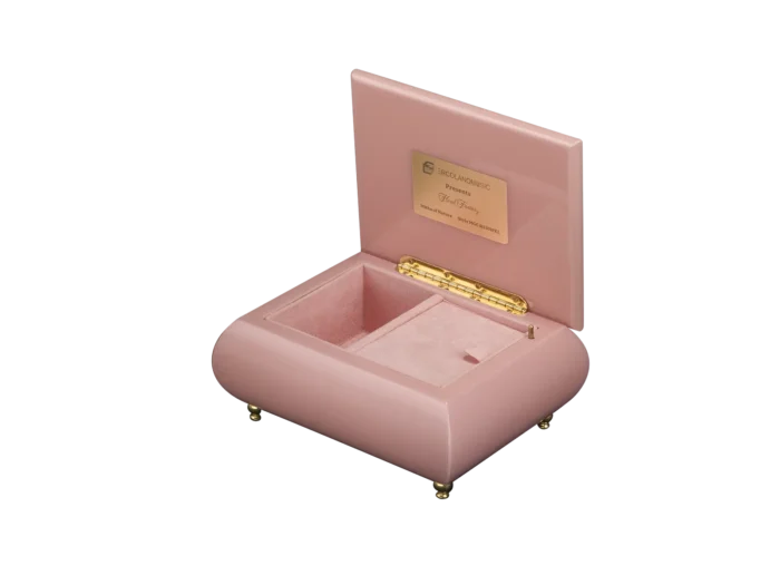 Floral Fantasy music box shown open, with pink velvet interior and gold wind-up movement, made in Sorrento