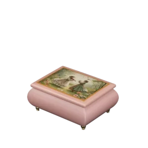 Victorian Serenade Italian music box — pink lacquered box with two Victorian women with a violin among flowers and birds on the lid, handmade in Sorrento