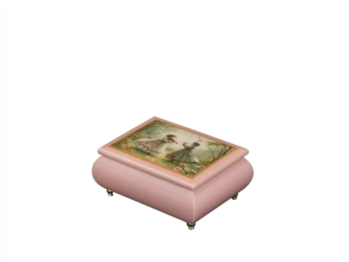 Victorian Serenade Italian music box — pink lacquered box with two Victorian women with a violin among flowers and birds on the lid, handmade in Sorrento