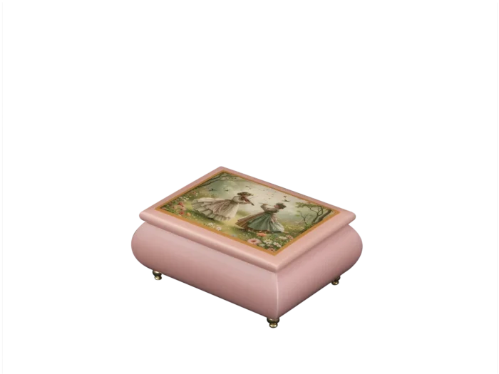 Victorian Serenade Italian music box — pink lacquered box with two Victorian women with a violin among flowers and birds on the lid, handmade in Sorrento