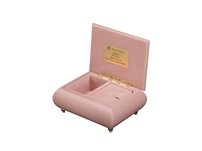 Victorian Serenade music box shown open, with pink velvet interior and gold wind-up movement, made in Sorrento