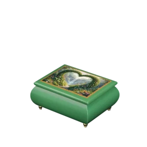 Heart of the Forest Italian music box — emerald green lacquered box with a floral waterfall on the lid, handmade in Sorrento