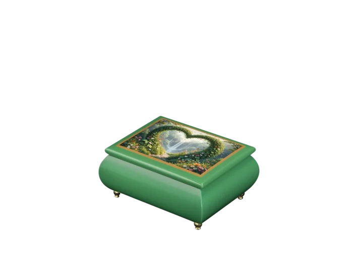 Heart of the Forest Italian music box — emerald green lacquered box with a floral waterfall on the lid, handmade in Sorrento