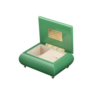 Heart of the Forest music box shown open, with velvet interior and gold wind-up movement, made in Sorrento