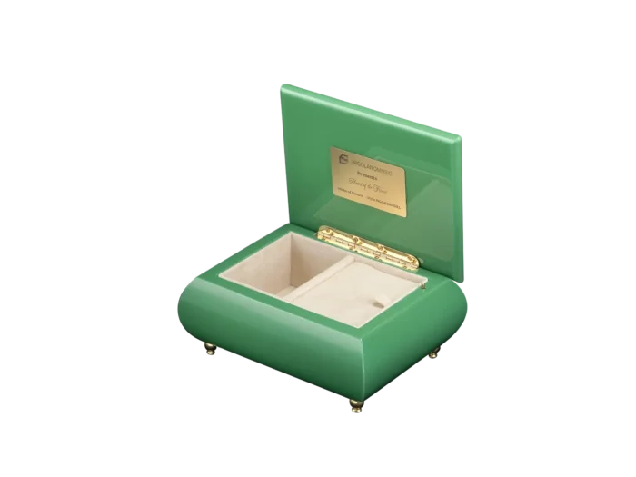 Heart of the Forest music box shown open, with velvet interior and gold wind-up movement, made in Sorrento
