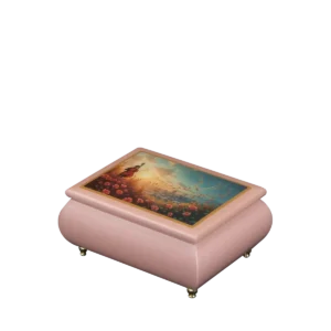 Symphony of Souls romantic music box — pink lacquered lid with violinist, handcrafted in Sorrento