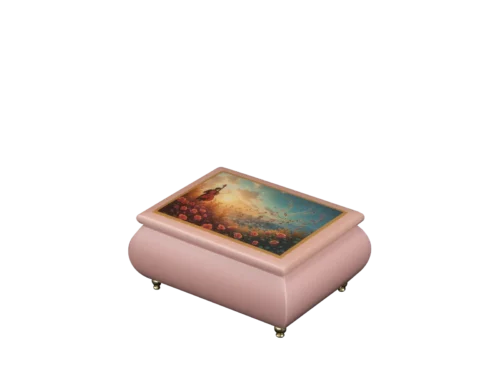 Symphony of Souls romantic music box — pink lacquered lid with violinist, handcrafted in Sorrento