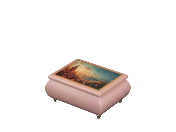 Symphony of Souls romantic music box — pink lacquered lid with violinist, handcrafted in Sorrento
