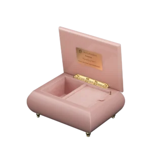 Symphony of Souls music box shown open, with velvet interior and gold wind-up movement, made in Sorrento