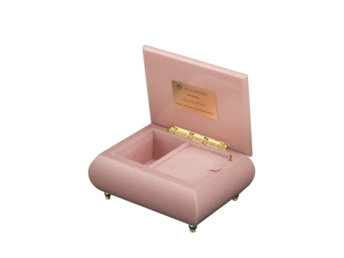Symphony of Souls music box shown open, with velvet interior and gold wind-up movement, made in Sorrento