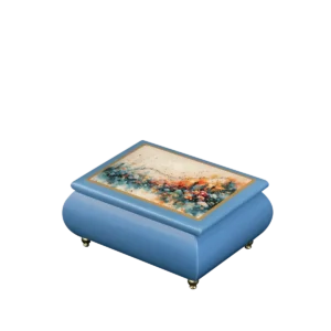 Urban Symphony Italian music box — deep blue lacquered box with a vibrant night cityscape on the lid, handmade in Sorrento