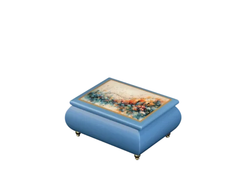 Urban Symphony Italian music box — deep blue lacquered box with a vibrant night cityscape on the lid, handmade in Sorrento