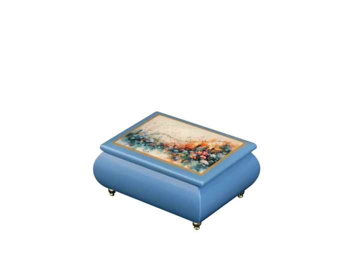 Urban Symphony Italian music box — deep blue lacquered box with a vibrant night cityscape on the lid, handmade in Sorrento