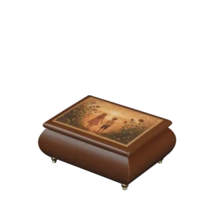 Golden Sunset Dreams Italian music box — walnut lacquered box with two children at golden sunset among sunflowers on the lid, handmade in Sorrento