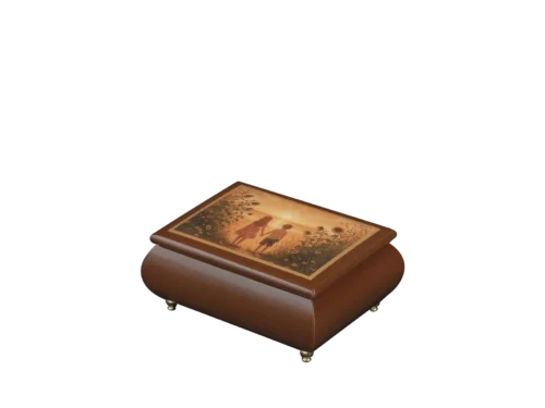 Golden Sunset Dreams Italian music box — walnut lacquered box with two children at golden sunset among sunflowers on the lid, handmade in Sorrento