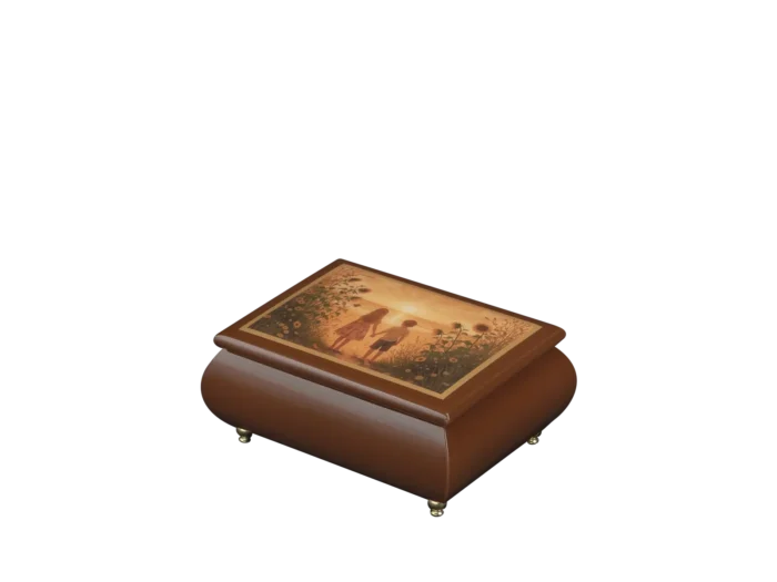 Golden Sunset Dreams Italian music box — walnut lacquered box with two children at golden sunset among sunflowers on the lid, handmade in Sorrento