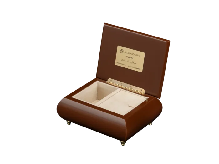 Golden Sunset Dreams music box shown open, with cream velvet interior and gold wind-up movement, made in Sorrento