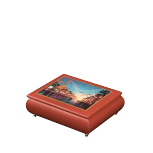 Melody of the Neon City Italian music box — red lacquered box with a neon cityscape with swirling musical notes on the lid, handmade in Sorrento