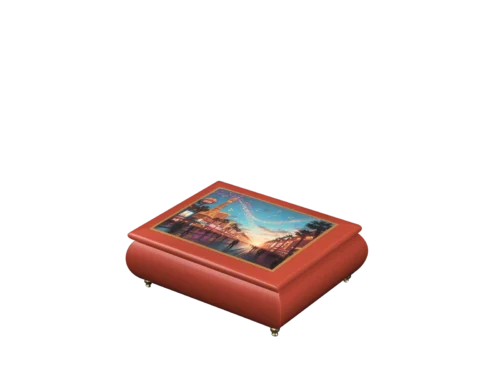 Melody of the Neon City Italian music box — red lacquered box with a neon cityscape with swirling musical notes on the lid, handmade in Sorrento