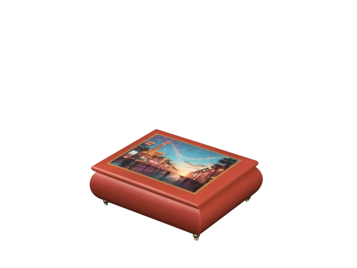 Melody of the Neon City Italian music box — red lacquered box with a neon cityscape with swirling musical notes on the lid, handmade in Sorrento