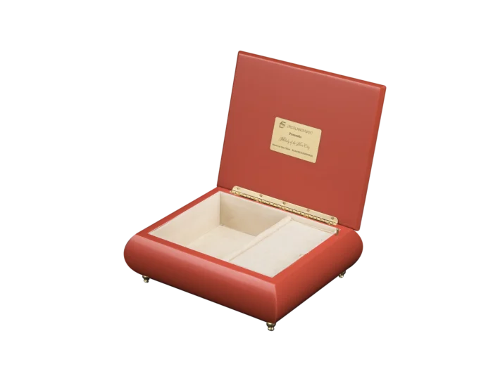 Melody of the Neon City music box shown open, with cream velvet interior and gold wind-up movement, made in Sorrento