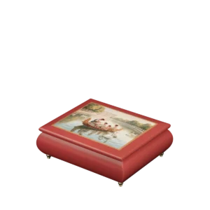 Royal Boat Ride Italian music box — red lacquered box with Victorian figures on a golden boat among swans on the lid, handmade in Sorrento