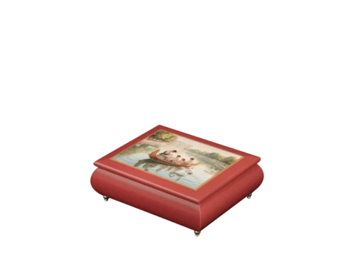 Royal Boat Ride Italian music box — red lacquered box with Victorian figures on a golden boat among swans on the lid, handmade in Sorrento
