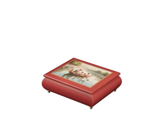 Royal Boat Ride Italian music box — red lacquered box with Victorian figures on a golden boat among swans on the lid, handmade in Sorrento